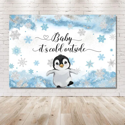 Vista 6 de MEHOFOND Telón de fondo de invierno para baby shower de pingüino de 7 x 5 pies para niños, bebé hace frío afuera, fondo de acuarela azul, animales