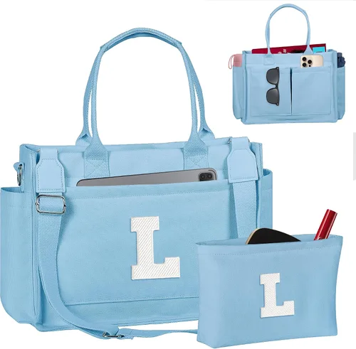 Vista 205 de Easter Basket Stuffers, Initial Tote Bag with Makeup Bag, Birthday Gifts for Women, Teen Girl Gifts Trendy Stuff