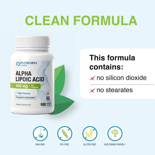 Vista 4 de Puregen Labs Ácido Alfa Lipoico 600mg [Alta Potencia] 180 Porciones - Soporte Antioxidante Sin Aditivos Nocivos Sin OGM, SIN Gluten y Lácteos