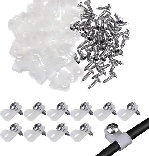 Vista 10 de VIPMOON 100 abrazaderas de cable tipo R de 1/2 pulgada, clips de plástico de nailon con tornillos, sujetadores de cable de montaje para gestión
