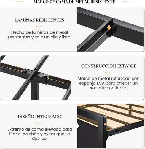 Vista 3 de SHA CERLIN Marco de cama tamaño completo con cabecera moderna, base de plataforma de metal resistente con pie de cama cuadrado y soporte de 13 Negro