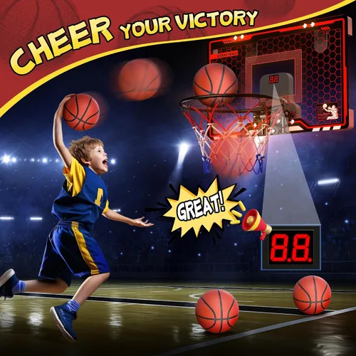 Vista 3 de HopeRock Indoor Basketball Hoop for Kids, Over The Door Mini Basketball Hoops, with LED Light, Scoreboard, Birthday Toys Gifts for 5 6 7 8 9 10 11