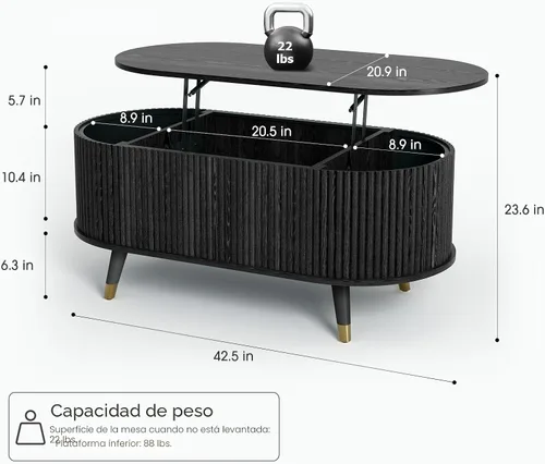 Vista 2 de JOINICE Mesa auxiliar ovalada de 42.5 pulgadas con almacenamiento, moderna mesa central negra con diseño estriado, patas de madera maciza