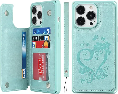 Vista 14 de iCoverCase Funda de billetera compatible con iPhone 13 Pro Max con tarjetero para mujer, cuero PU en relieve con bloqueo RFID y correa de muñeca
