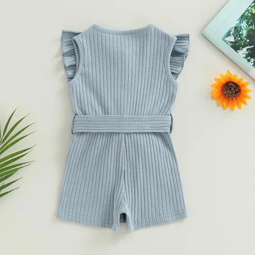 Vista 4 de AEEMCEM Mameluco corto para bebé niña con volantes, sin mangas, con botones, cinturón, traje de verano