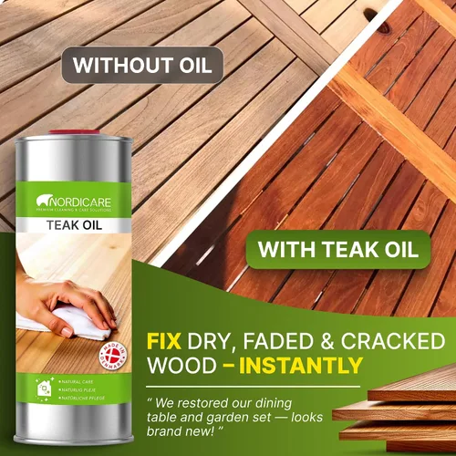 Vista 2 de Nordicare Aceite de teca (1 litro) – Aceite de madera para toda la zona interior – Revive el color original de la madera – Aceite de teca premium