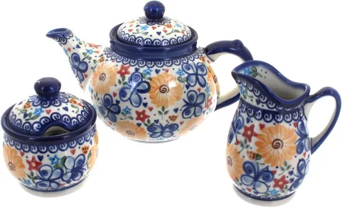 Vista 3 de Cerámica polaca de rosa azul, juego de té de 3 piezas de flor de manzana, tetera de 4 tazas, cerámica polaca pintada a mano, servicio de café y té