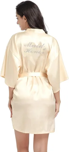 Vista 8 de Bata de boda para mujer, para novia, dama de honor, corta, de satén, kimono, batas de seda para prepararse, fiesta nupcial