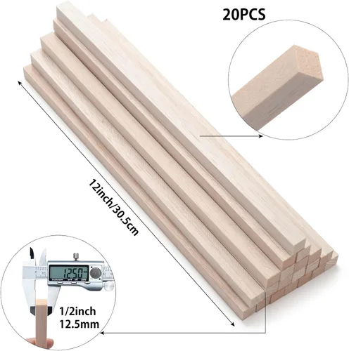 Vista 3 de Palitos de madera de balsa, tiras de madera de balsa, 20 varillas cuadradas de madera de 1/2 x 12 pulgadas para manualidades, palos de madera sin