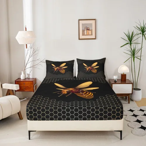 Vista 3 de Erosebridal Honey Bee - Juego de sábanas bajeras negras y doradas, tamaño individual, diseño geométrico de panal de abeja para niños y niñas, funda