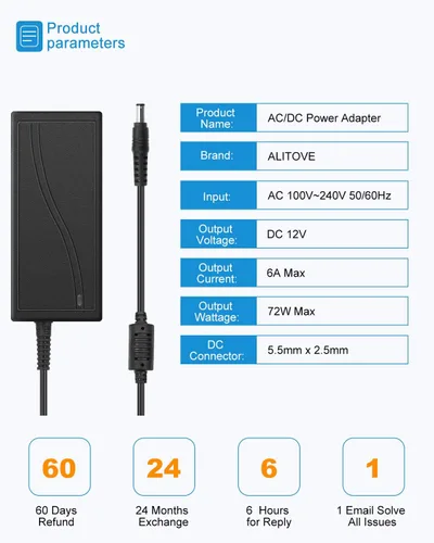 Vista 2 de ALITOVE Fuente de alimentación de 12 V 6 A 72 W CC 100 ~ 240 V CA a CC 12 voltios 6 amperios Convertidor 12 V CC 6 A 5.8 A 5.5 A 5.2 A Transformador