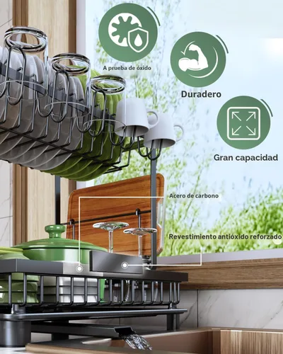 Vista 4 de Escurridor de platos, escurridor de 2 niveles que ahorra espacio, escurridor de platos multifuncional para encimera de cocina con bandeja