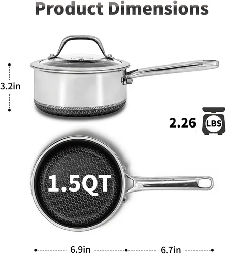 Vista 5 de Cacerola híbrida antiadherente de 1.5 cuartos de galón con tapa, olla de panal de acero inoxidable con dos boquillas de vertido, compatible