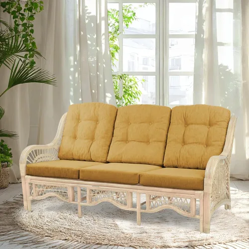 Vista 13 de Malibu Lounge Sofá de tres plazas de mimbre de ratán natural, diseño hecho a mano (cojines marrón claro, colonial)