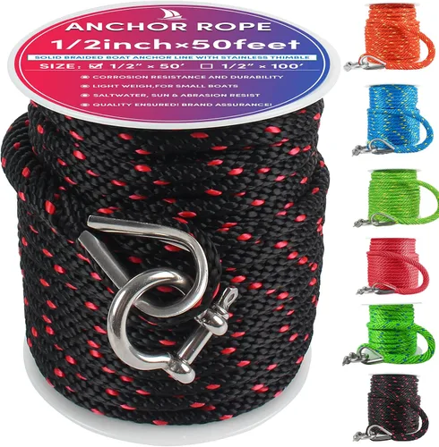 Vista 40 de Cuerda de anclaje premium de 50 pies x 1/2 pulgadas, línea de anclaje trenzada sólida MFP para barco con dedal y grillete - Negro