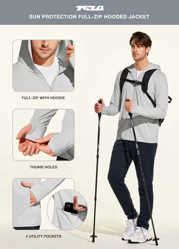 Vista 5 de TSLA Sudadera con capucha de manga larga UPF 50+ para hombre, con cremallera frontal, rendimiento UVSPF, ligera, para correr, pescar