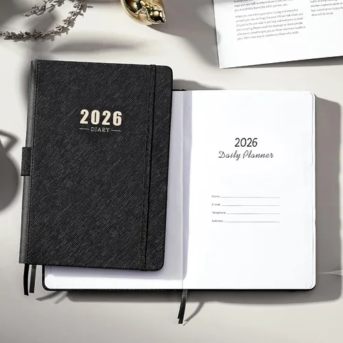 Vista 2 de Agenda diaria 2026 – Agenda diaria de una página por día, enero a diciembre 2026, 2026 con banda elástica, cubierta de piel sintética suave