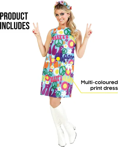 Vista 2 de Fun Shack Disfraz hippie Groovy para mujer, vestido de los años 70 y 60