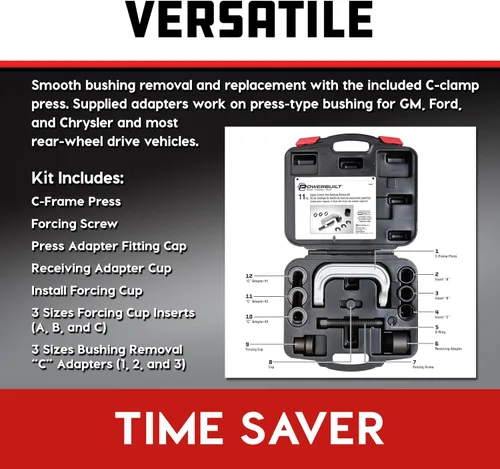 Vista 5 de Powerbuilt Juego de herramientas de servicio de bujes de brazo de control superior para Ford, GM y Chrysler, quitar e instalar bujes de coche, 648604