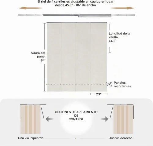 Vista 5 de GoDear Design - Cortinas de ventana ajustables de panel deslizante con riel 45.8"- 86" de ancho x 96" de alto, cortinas verticales deslizables