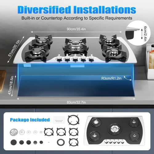 Vista 4 de Cocina de gas de 35 pulgadas, estufa de gas integrada de acero inoxidable, 5 quemadores con control de interruptor independiente, cocina de gas