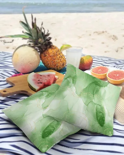 Vista 3 de Juego de 2 fundas de almohada impermeables con textura de mármol verde hierba, línea dorada, superposición, degradado, fundas de almohada para sofá