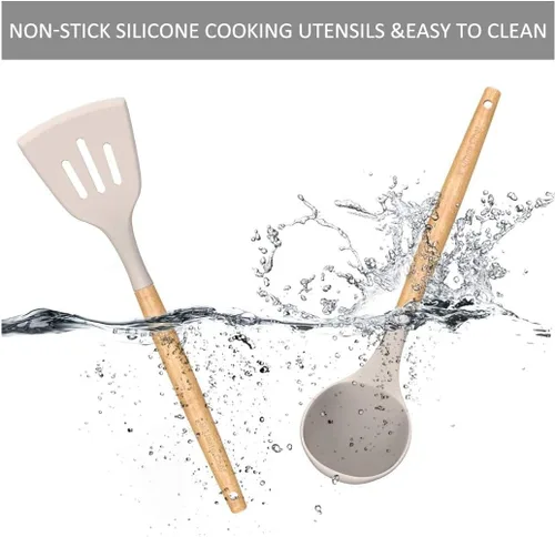 Vista 3 de Utensilios de cocina de silicona – Herramientas de cocina resistentes al calor, cucharas con mango de madera, juego de utensilios de cocina