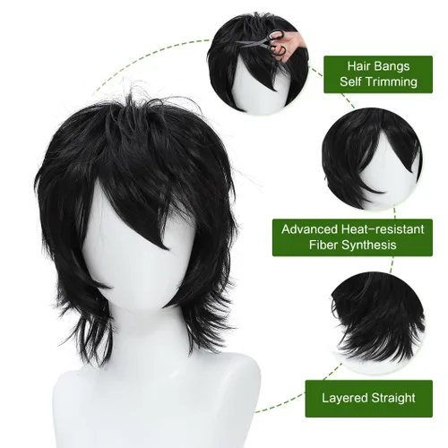 Vista 4 de Kavsni Unisex Mujeres Hombres Hombres Corto Negro Esponjoso Pelo Pelucas Anime Cosplay Fiesta Vestido Disfraz Peluca Sintética (negro)