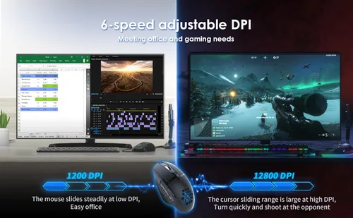 Vista 5 de C309 - Mouse para juegos con cable, mouse RGB para juegos con botones laterales, ajustable de alta precisión 12800 DPI, pesos ajustables, 6 botones