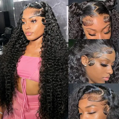 Vista 9 de Wingirl - Pelucas de cabello humano con encaje frontal HD de 13 x 4 pulgadas, prearrancadas con abuelitos 180 Density Brazilian Deep Wave Frontal