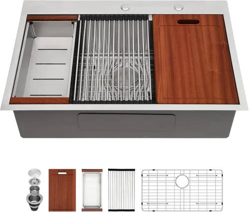 Vista 18 de Sarlai - Fregadero de cocina de cascada de 31 pulgadas, de montaje superior - 31x20 Fregadero de cocina con borde y estación de trabajo, de acero