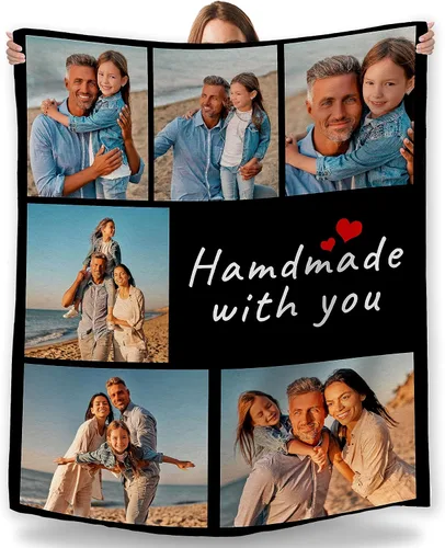 Vista 20 de Manta personalizada con foto, fabricada en Estados Unidos, 5 fotos, mantas personalizadas con imágenes propias para papá, mamá, familia, niños
