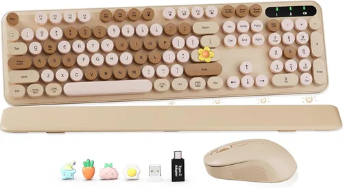Vista 23 de Combo de teclado y mouse inalámbricos, teclado retro con teclas redondas, teclado estilo máquina de escribir de tamaño completo con reposamuñecas