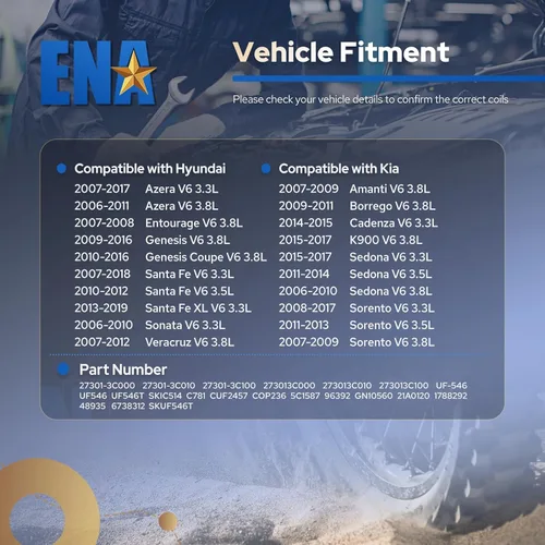 Vista 7 de ENA Juego de 6 bobinas de encendido 3.3L 3.8L V6 compatible con Hyundai Kia Genesis Azera Santa Fe Sonata Veracruz Sedona Sorento Cadenza Borrego