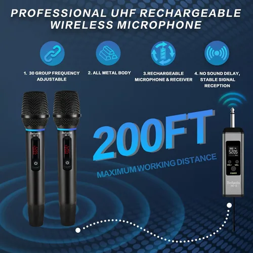 Vista 2 de Micrófono inalámbrico recargable UHF para cantar con bolso, micrófono dinámico de mano de metal con receptor, micrófono de karaoke inalámbrico