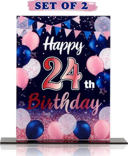 Vista 86 de LINGTEER Decoraciones de feliz cumpleaños número 11, 2 piezas de soporte de acrílico con impresión de pie rosa y azul, tablero de telón de fondo