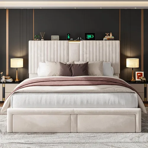 Vista 3 de Homkdom Base de cama Queen con cabecera de almacenamiento de terciopelo de Beige