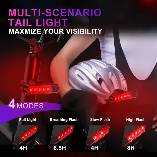 Vista 7 de 400LM USB Rechargeable Bike Light Set, Front Headlight & Rear Taillight, 5 Lighting Modes, Waterproof Safety Cycling Lights for Road Mountain Bikes