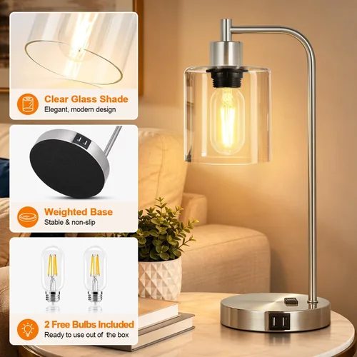Vista 6 de Juego de 2 lámparas de mesa con control táctil industrial - Lámparas de mesita de noche en níquel cepillado con 2 puertos USB y enchufe de CA