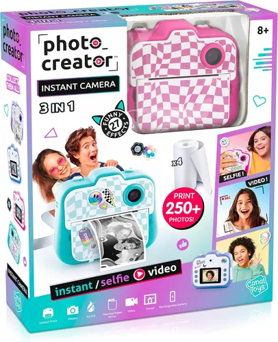 Vista 2 de Photo Creator - Cámara instantánea 3 en 1 para niños, color rosa; cámara, impresora instantánea y cabina de fotos con divertidos marcos y filtros