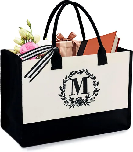 Vista 15 de BeeGreen - Bolsa de mano con monograma bordado inicial para mujer, profesora, mamá, amiga, regalo personalizado para cumpleaños, playa, boda