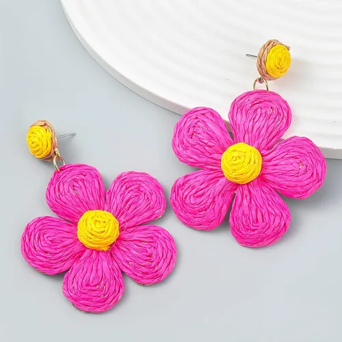 Vista 3 de Juego de 3 pares de aretes colgantes de rafia, estilo bohemio, colorido de flores, redondos, cuadrados, de ratán, para verano, playa, hechos a mano