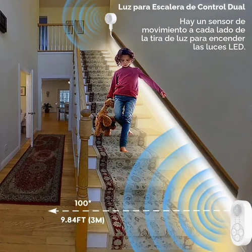 Vista 2 de Luces de Escalera con Doble Sensor para Interiores, Tira de Luz para Escalones Activada por Movimiento Enchufable para Interiores con Atenuador