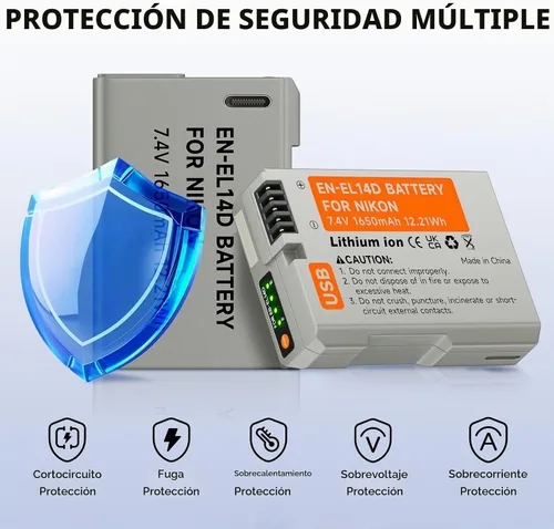 Vista 6 de EN-EL14, EN-EL14A USB C Batería de repuesto de carga directa para Nikon D3500, D3100, D3200, D3300, D3400, D5100, D5200, D5300, D5500, D5600, DF