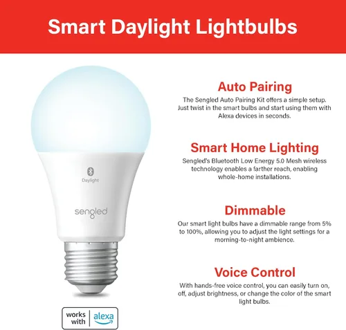 Vista 2 de Sengled Bombilla de luz Alexa, bombillas inteligentes que son compatibles solo con Alexa, malla Bluetooth estándar A19 E26, bombilla LED regulable