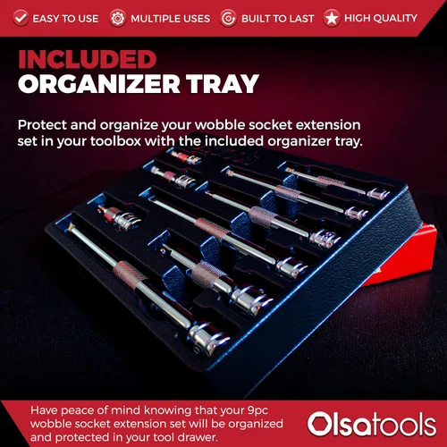 Vista 3 de Olsa Tools Juego de extensión de zócalo Wobble – 9 barras de extensión Cr-V de doble función – 1/2", 3/8", 1/4" accesorios de trinquete con agarre