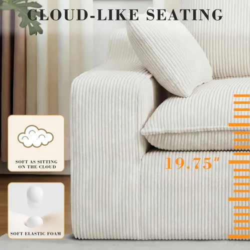 Vista 4 de Sofá seccional de pana sin hueso de 107 pulgadas para sala de estar, sofá modular con diván en forma de L, moderno sofá modular con asiento profundo