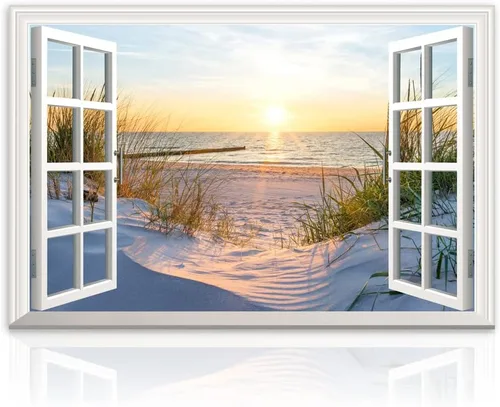 Vista 8 de Woxfcart Lienzo decorativo para pared, diseño de palmera de playa, ventana falsa, océano tropical, paisaje natural, impresiones de imágenes