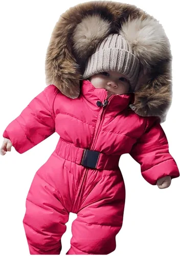 Vista 10 de Ropa exterior mameluco cálido para bebé, chaqueta para bebé, traje de nieve para niñas, overol con capucha para niñas y niñas (marrón, 0-3 meses)