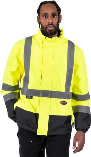 Vista 8 de Pioneer Hi Vis - Chaqueta impermeable de seguridad 2 en 1 para hombres y mujeres, se invierte a un acolchado negro, equipo impermeable reflectante